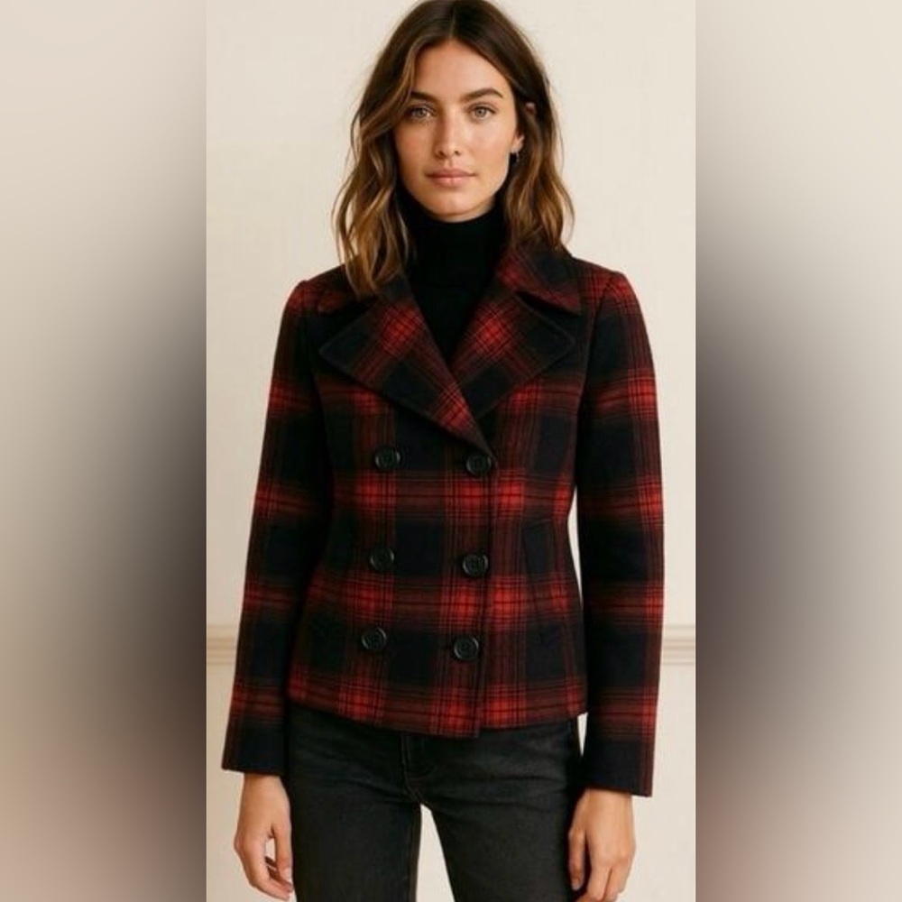NWT Old Navy Women's Black and Red Plaid Peacoat
